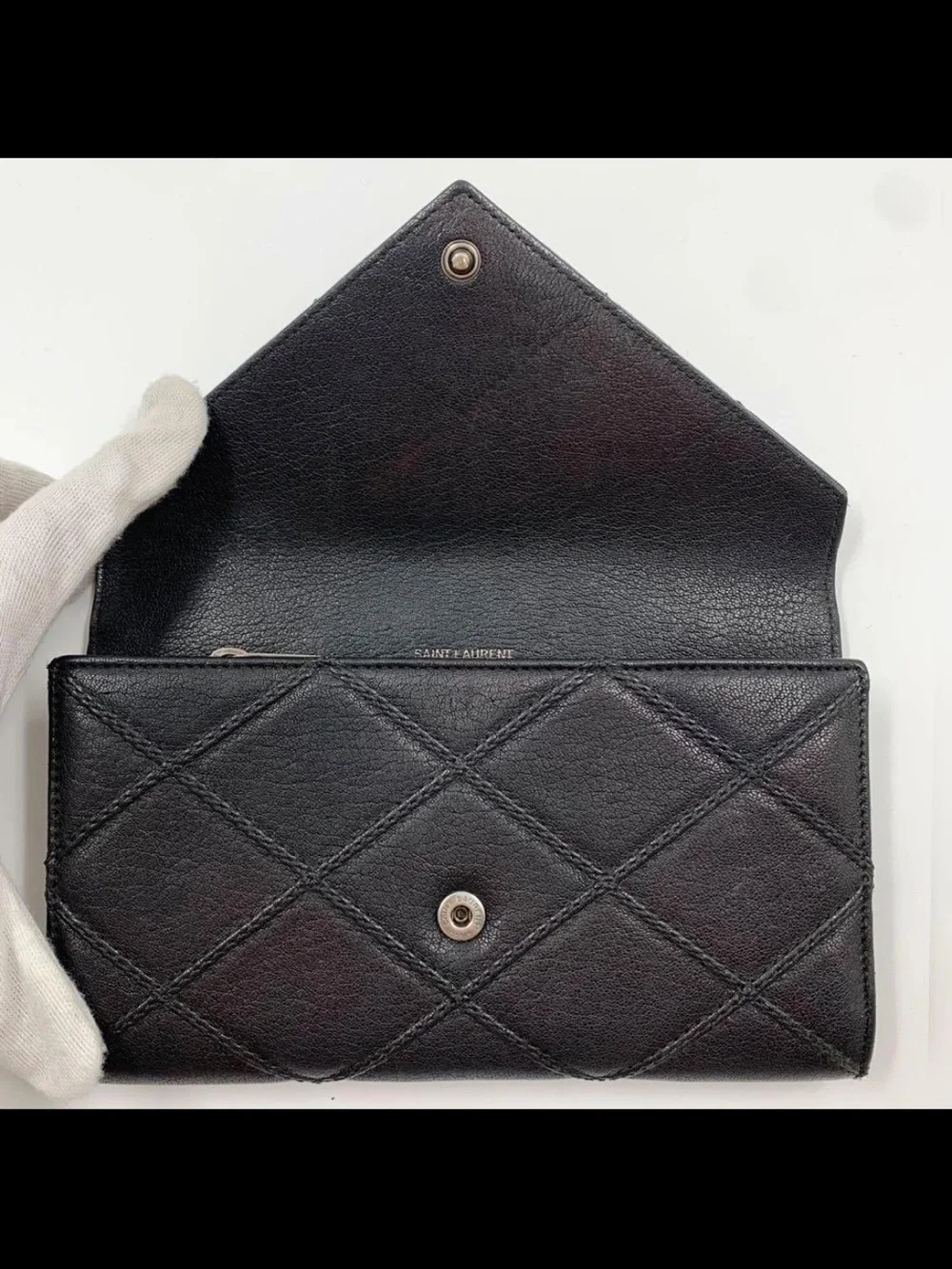 Saint Laurent Black Quilted Leather Envelope Wallet with Silver YSL Logo